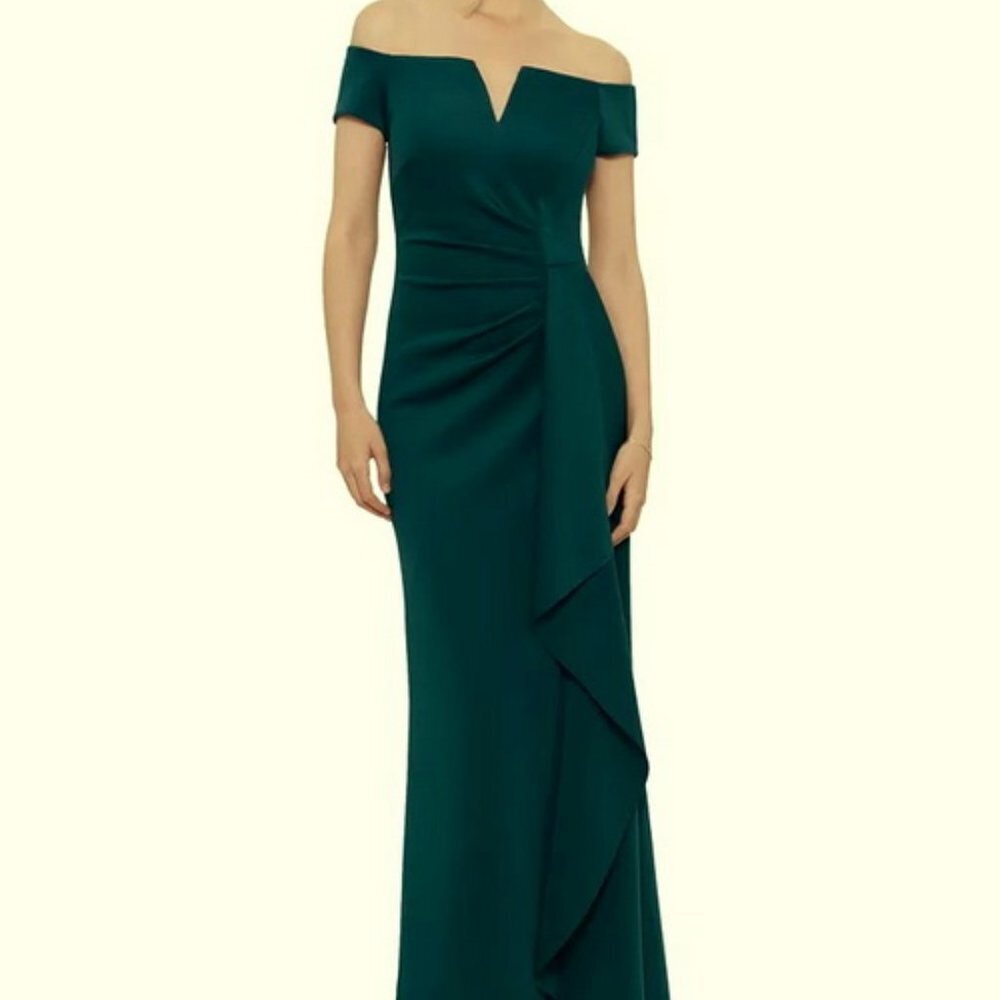 Xscape Hunter Green Camila Off the Shoulder Crepe Evening Gown